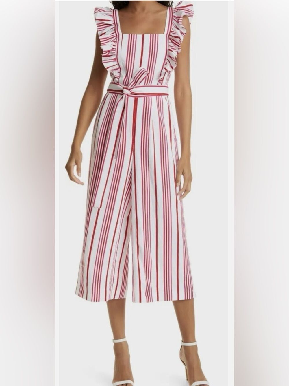 Ted Baker Red & White Striped Wide-Leg Jumpsuit with Tie Waist, L
